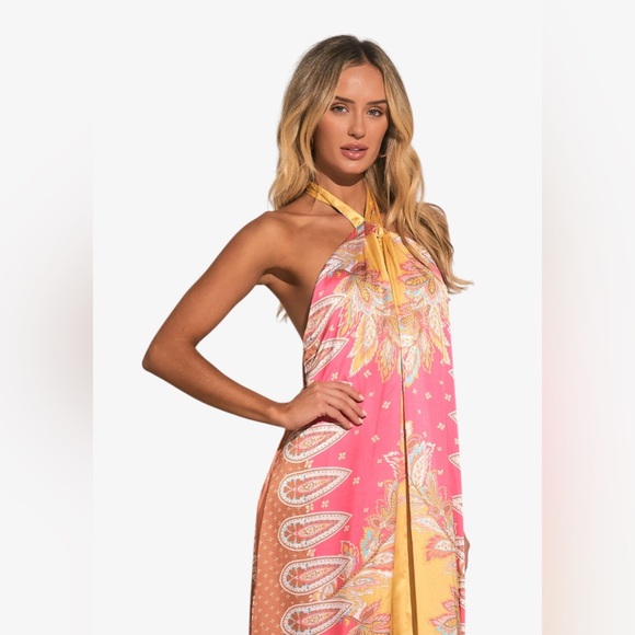 ELAN Gorgeous Print Halter Maxi dress in pink bali print - L - Picture 3 of 4
